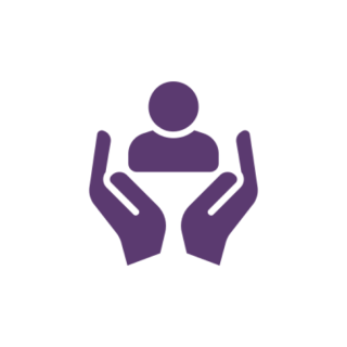 Purple hands holding a person icon.